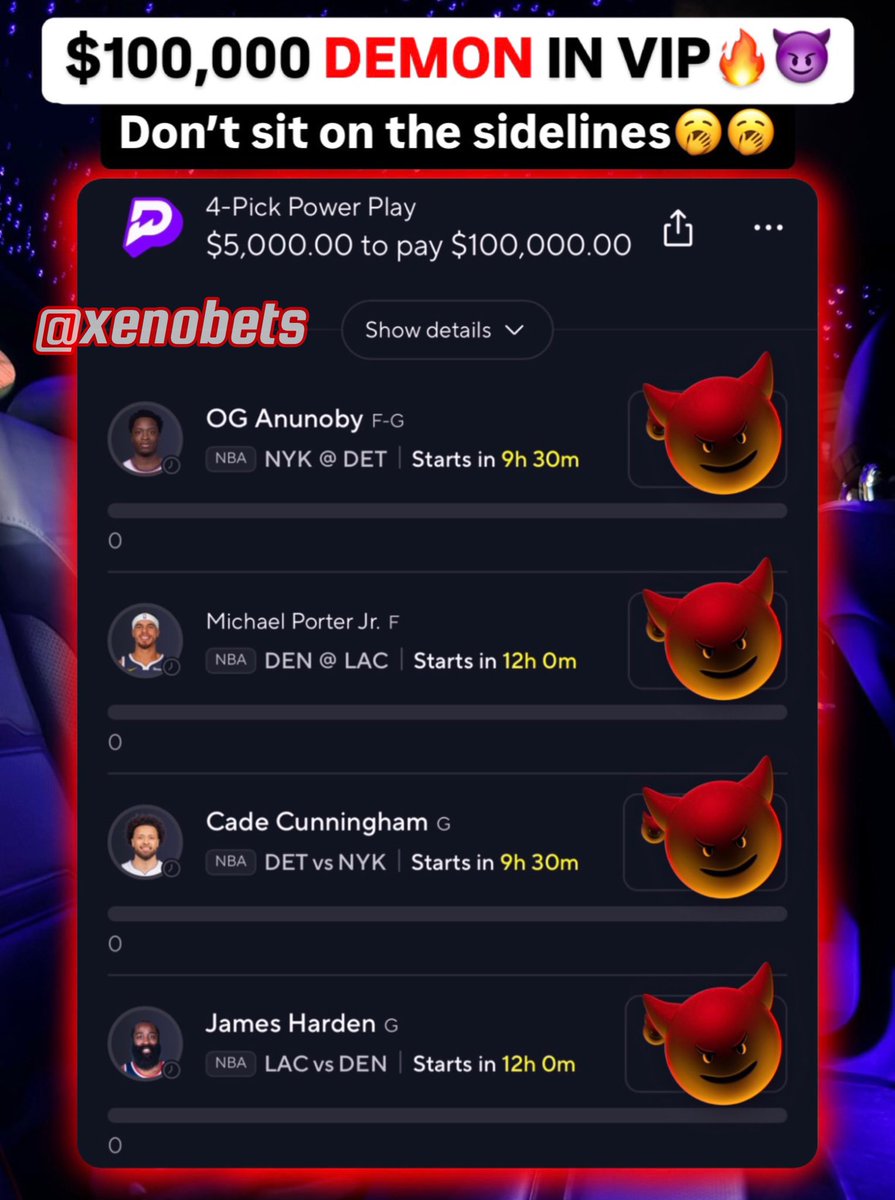 $100,000 NBA PLAYOFF DEMON🔥😈

Dm me “LOCK” if u want this.💯

Get picks here:  discord.gg/CM8xJhVawt

$250 to a Follower that Likes &amp; Rts when this cashes!

#prizepicks #prizepicksnba #GamblingX