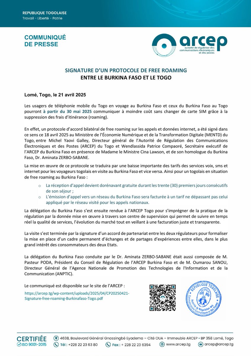 ArcepTogo's tweet photo. SIGNATURE D'UN PROTOCOLE DE FREE ROAMING ENTRE LE BURKINA FASO ET LE TOGO.
Lire l'article relatif à ce communiqué de presse via le lien ci-dessous :
https://t.co/FiZucmdhAd
#freeroaming
#ArcepTogo
@arcepburkina
@NumeriqueTG
@YasTogo @moovafricatg https://t.co/GNmeUsMDoU
