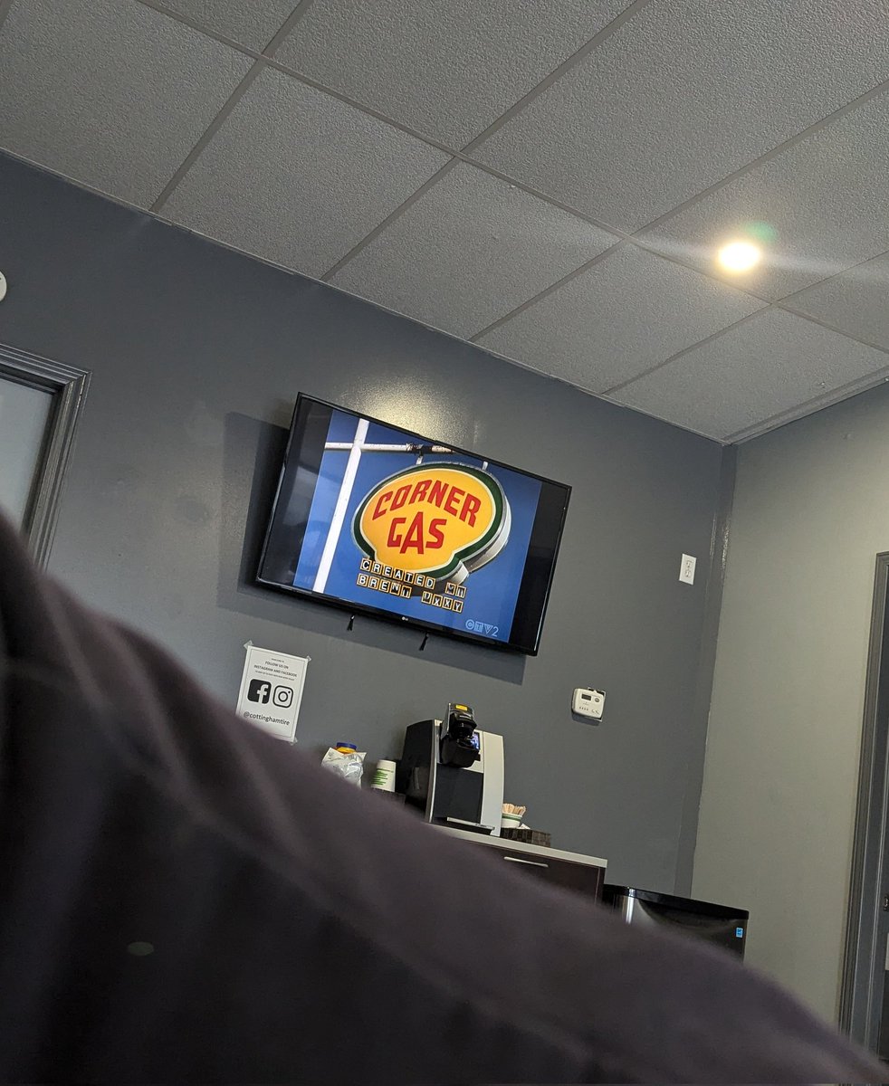 getting my tires changed @ 10 on a monday. three other guys here, all in various headgear &amp; sweats. canadian television, free coffee. community is the word.