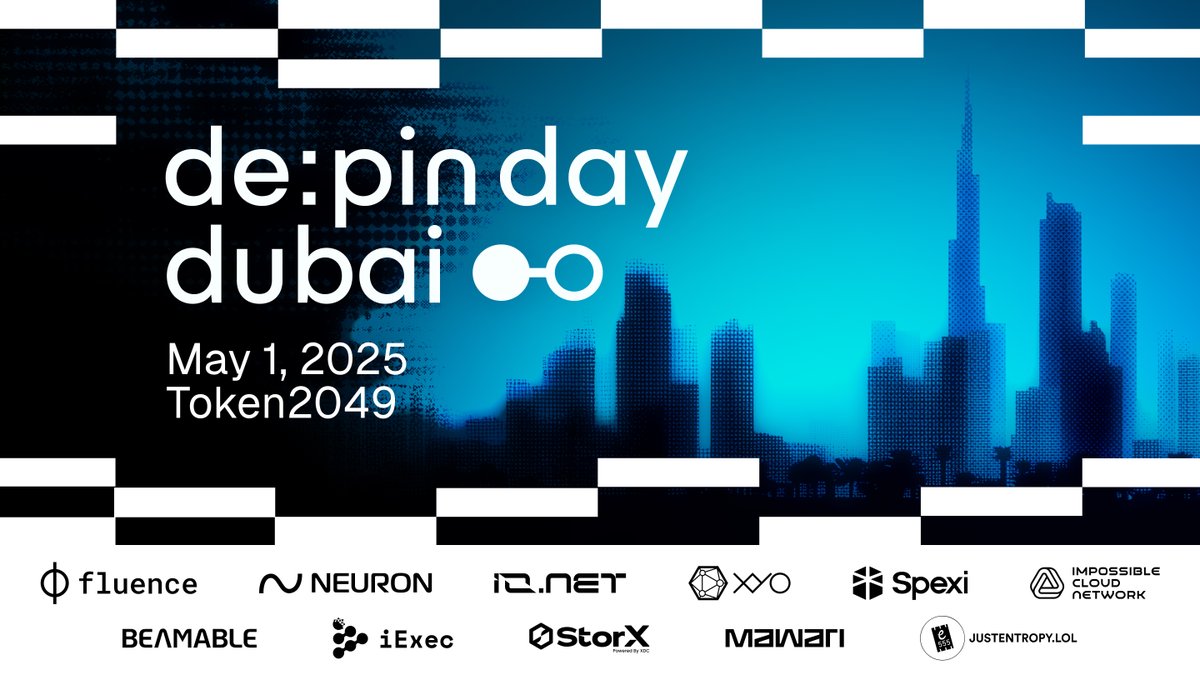 depinday's tweet photo. ⚡️Less than 10 days to go until #DePINDay Dubai 🇦🇪
Have you secured your spot yet?

🗓 May 1st, 2025, right in the heart of blockchain buzz during @token2049

One full day of vital conversations around #DePIN — talks, panels and connections with founders, builders, researchers & enthusiasts 👀

🔗 Register now: https://t.co/XEyhEYqkfW

🤝🏻 @fluence_project | @Neuron_World | @Beamable | @ionet | @SpexiNetwork | @ICN_Protocol | @OfficialXYO | @iEx_ec | @StorXNetwork | @mawariXR | @justentropylol