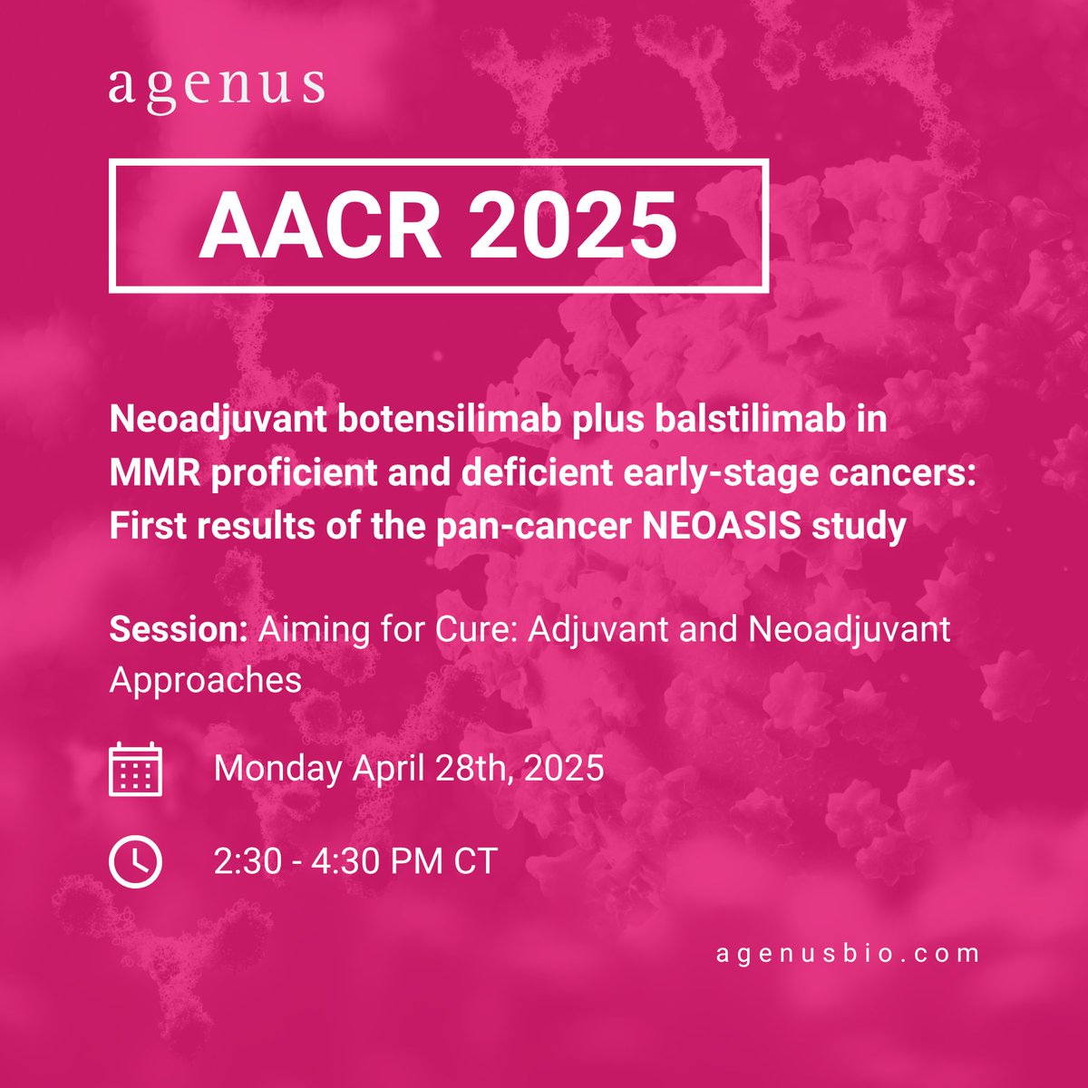 Agenus (@agenus_bio) on Twitter photo Looking ahead to #AACR25: Dr. <a href="/MyriamChalabi/">Myriam Chalabi</a> will present the first results from the NEOASIS trial, evaluating neoadjuvant botensilimab/balstilimab in MSI-H and MSS solid tumors.
Learn more about the presentation: bit.ly/4ceezcU.
#Immunotherapy #Oncology Looking ahead to #AACR25: Dr. <a href="/MyriamChalabi/">Myriam Chalabi</a> will present the first results from the NEOASIS trial, evaluating neoadjuvant botensilimab/balstilimab in MSI-H and MSS solid tumors.
Learn more about the presentation: bit.ly/4ceezcU.
#Immunotherapy #Oncology