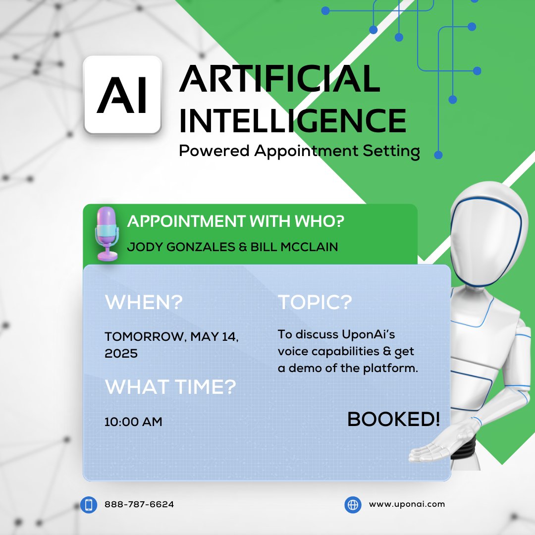 _UponAI_'s tweet image. Seamless scheduling at your command! 🤖📅

Whether it’s for consultations, client meetings, or service calls, AI ensures your calendar stays organized without lifting a finger.

Ready to experience the future of scheduling? Let’s talk. 

#AIAppointmentScheduling #VoiceAI #UponAi