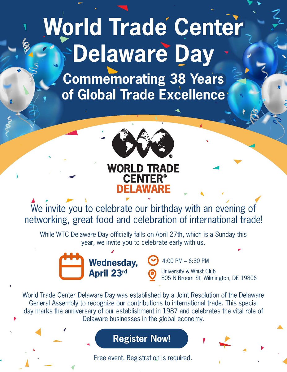 🎉 This Wednesday: WTC Delaware’s 38th Birthday Party + Food Bank Donation Drive!
.
👍 As our birthday gift, we’re collecting donations for Food Bank of Delaware. 
.
👏 Thank you for helping us support our community!
.
🔗 conta.cc/3YwNSdW