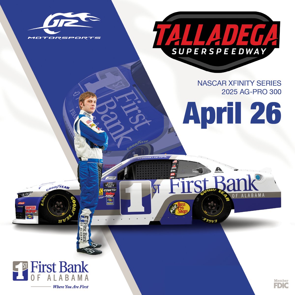 FirstBankofAlabama (@firstbankofal) on Twitter photo Race week is officially here and we couldn't be more excited to see the <a href="/FirstBankofAl/">FirstBankofAlabama</a> Chevrolet hit the track at <a href="/TALLADEGA/">Talladega Superspeedway</a>! 🏎️💨
We’re proud to team up with <a href="/JRMotorsports/">JR Motorsports</a> and <a href="/Carson_Kvapil/">Carson Kvapil</a> for the NASCAR XFINITY SERIES Ag-Pro 300 on April 26 at 3:00 PM. Race week is officially here and we couldn't be more excited to see the <a href="/FirstBankofAl/">FirstBankofAlabama</a> Chevrolet hit the track at <a href="/TALLADEGA/">Talladega Superspeedway</a>! 🏎️💨
We’re proud to team up with <a href="/JRMotorsports/">JR Motorsports</a> and <a href="/Carson_Kvapil/">Carson Kvapil</a> for the NASCAR XFINITY SERIES Ag-Pro 300 on April 26 at 3:00 PM.