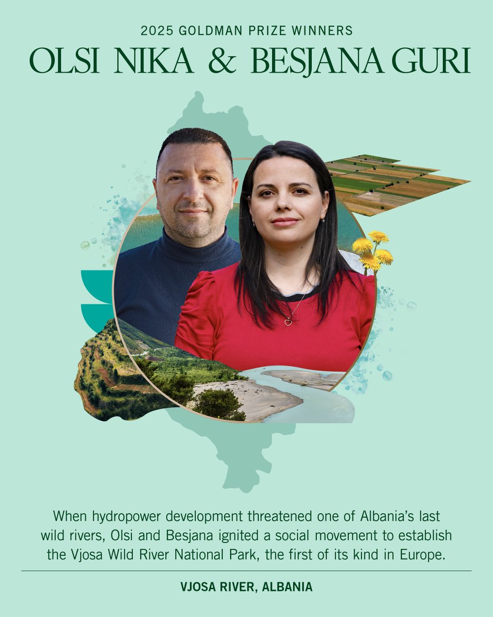 Besjana Guri &amp; Olsi Nika have won the 2025 #GoldmanPrize for Europe! 🌍🏆

Besjana &amp; Olsi helped create the Vjosa Wild River National Park in Albania, protecting one of Europe’s last wild rivers from a hydropower development boom.

👉 Learn more: bit.ly/4jIA6x8