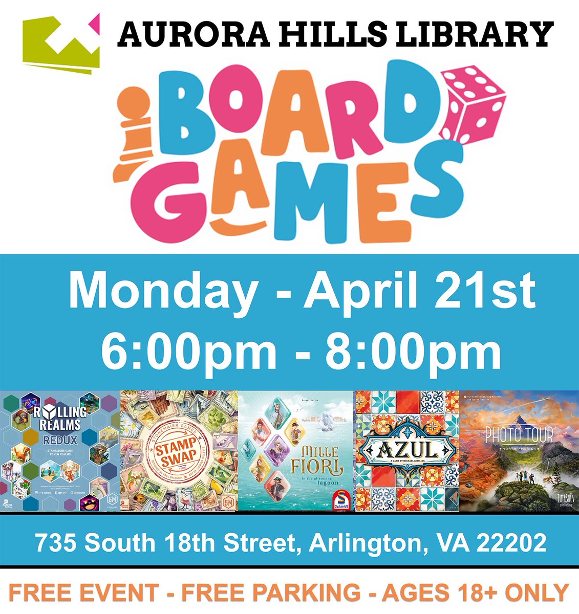 NOVA BoardGame Group (@novaboardgame) on Twitter photo Board Game Night tonight at Aurora Hills Library at 6pm. Ages 18+ only. No sign up needed - just show up and learn a new game! #ArlingtonVA #DMV #NoVa <a href="/ilovearlingtonv/">I Love Arlington VA</a> Board Game Night tonight at Aurora Hills Library at 6pm. Ages 18+ only. No sign up needed - just show up and learn a new game! #ArlingtonVA #DMV #NoVa <a href="/ilovearlingtonv/">I Love Arlington VA</a>