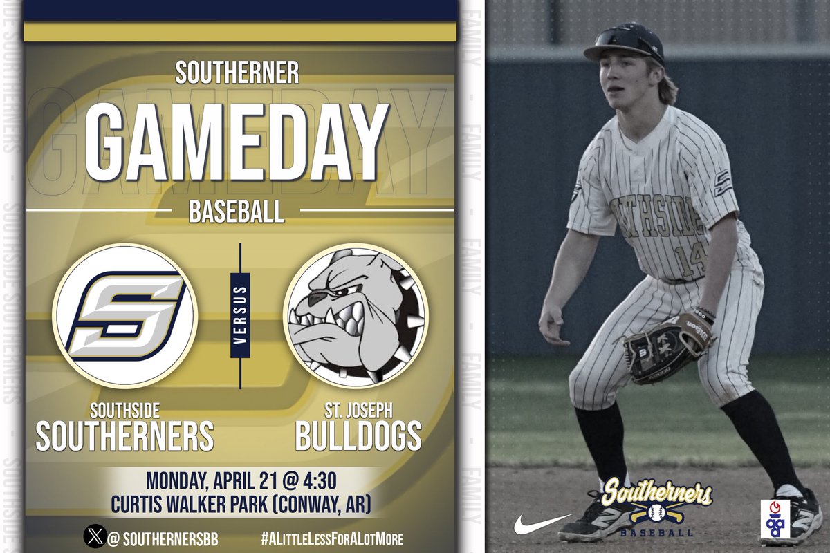 Headed South for a non-conference matchup in Conway! 

📍: Curtis Walker Park

🆚: St. Joesph Bulldogs 

⏰: 4:30pm 

#SouthsideBaseball #ALittleLessForAlotMore