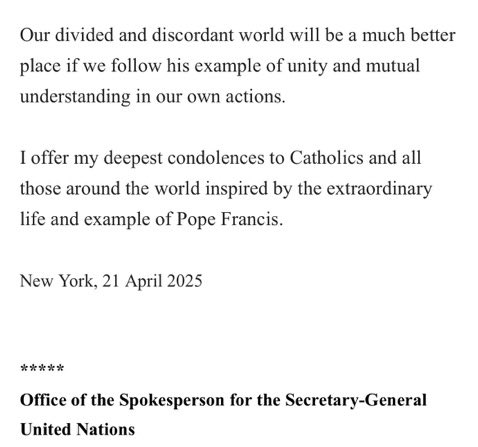 ONU Argentina (@onuargentina) on Twitter photo Lamentamos profundamente el fallecimiento de su Santidad el #PapaFrancisco , el 1er pontífice latinoamericano.
Adherimos a las palabras de <a href="/antonioguterres/">António Guterres</a> destacando su enorme legado, y a sus condolencias dirigidas a los católicos y a quienes fueron inspirados por su ejemplo. Lamentamos profundamente el fallecimiento de su Santidad el #PapaFrancisco , el 1er pontífice latinoamericano.
Adherimos a las palabras de <a href="/antonioguterres/">António Guterres</a> destacando su enorme legado, y a sus condolencias dirigidas a los católicos y a quienes fueron inspirados por su ejemplo.