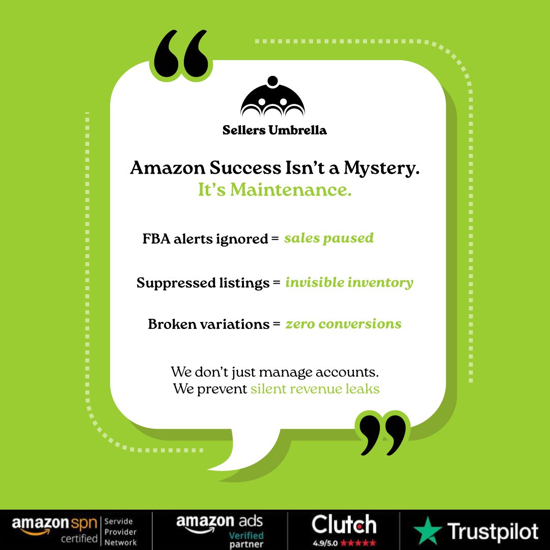 SellersUmbrella's tweet image. Most Amazon sales don’t fail loudly — they fade silently.

We stop the leak before you feel it.

 #AmazonSPN #FBAhelp #SellersUmbrellainc #ecommercefix #AmazonTips #PPCdoneRight