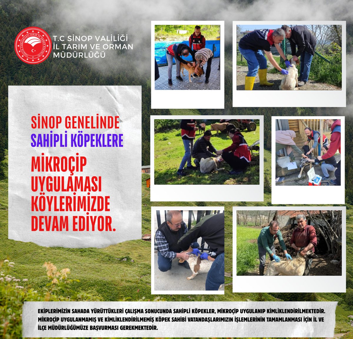 Sinop genelinde Sahipli Köpeklere Mikroçip uygulaması devam ediyor..🦮

Mikroçip uygulanmamış ve kimliklendirilmemiş köpek sahibi vatandaşlarımızın işlemlerinin tamamlanması için İL VE İLÇE Müdürlüğümüze başvurmaları gerekmektedir.

<a href="/mustafaozarslnn/">🇹🇷Dr.Mustafa ÖZARSLAN</a>
<a href="/TCSinopValiligi/">T.C. Sinop Valiliği</a>