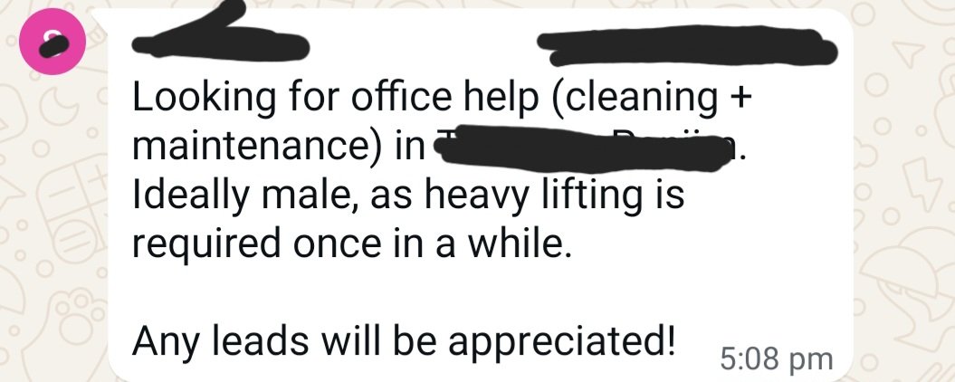 . 
An actual message from one of the WhatsApp groups I'm on.

Patriarchy to the rescue!

Gender equality is a thing of convenience for wahmen 

#GenderEquality