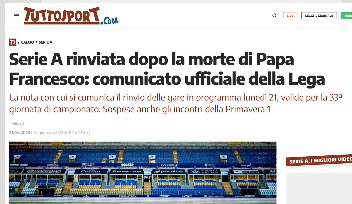 Se suspenden la jornada de liga en Italia porque se ha muerto el delantero centro del Vaticano FC.