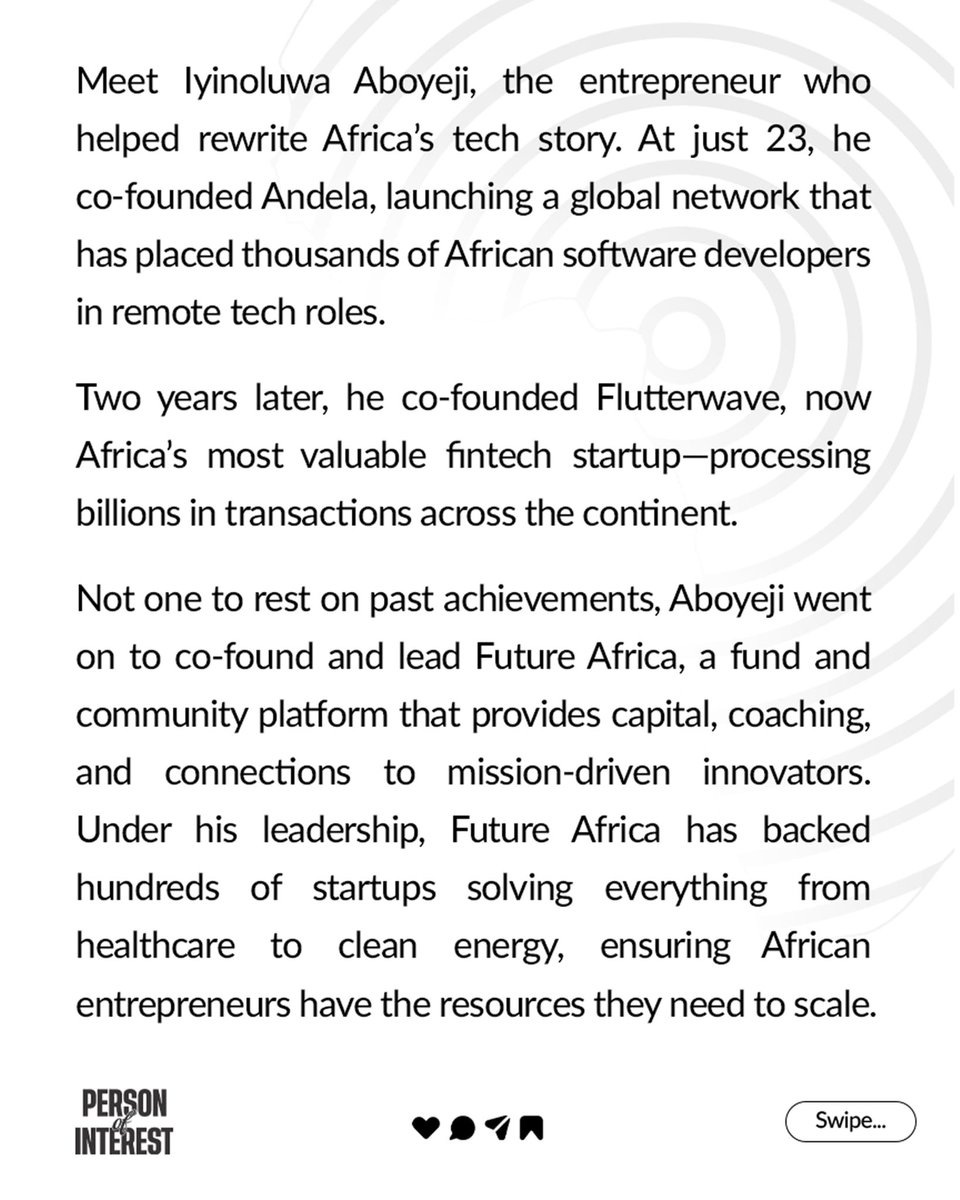 LifeMacAfrica's tweet image. Meet Iyinoluwa Aboyeji, a visionary who co-founded Andela at 23. From tech to public service, his journey proves that bold ideas can change everything. 

#PersonOfInterest #PoI #IyinoluwaAboyeji #LIFEMACAfrica #FutureAfrica