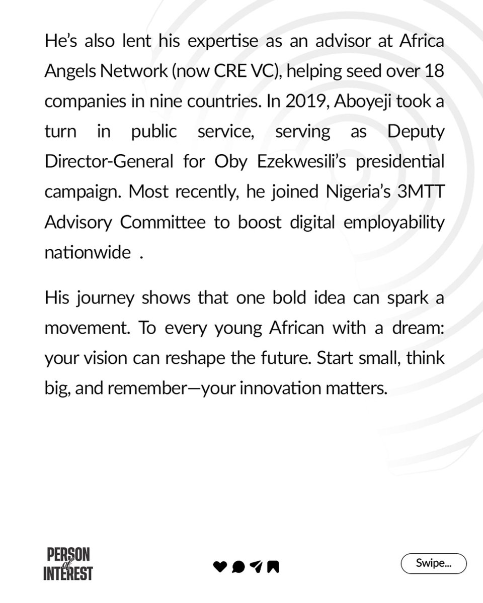 LifeMacAfrica's tweet image. Meet Iyinoluwa Aboyeji, a visionary who co-founded Andela at 23. From tech to public service, his journey proves that bold ideas can change everything. 

#PersonOfInterest #PoI #IyinoluwaAboyeji #LIFEMACAfrica #FutureAfrica