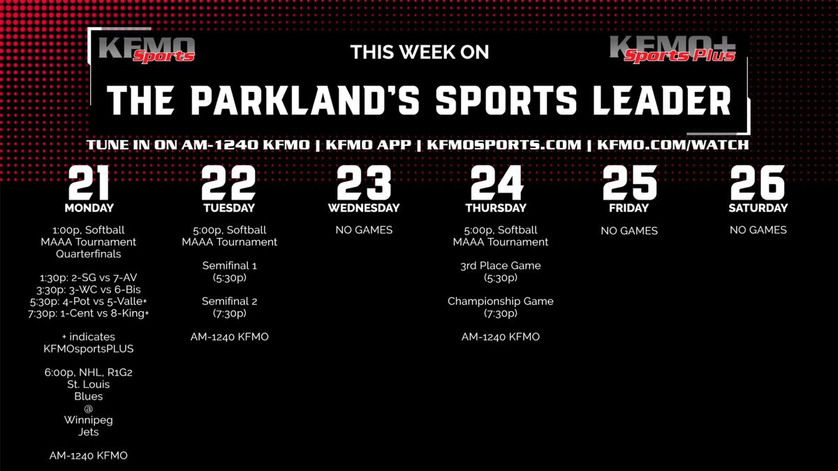 KFMOsports (@kfmosports) on Twitter photo 🥎The MAAA Conference Tournament begins today with four games from Mineral Area College. Catch the Quarterfinals on KFMO and KFMOsportsPLUS tonight as St. Louis Blues hockey takes over at 6pm. Our SB Coverage starts at 1:00pm on KFMO and 5:15p on PLUS.
<a href="/STLhssports/">STLhighschoolsports</a> <a href="/KFMOsportsSB/">KFMOsports</a> 🥎The MAAA Conference Tournament begins today with four games from Mineral Area College. Catch the Quarterfinals on KFMO and KFMOsportsPLUS tonight as St. Louis Blues hockey takes over at 6pm. Our SB Coverage starts at 1:00pm on KFMO and 5:15p on PLUS.
<a href="/STLhssports/">STLhighschoolsports</a> <a href="/KFMOsportsSB/">KFMOsports</a>