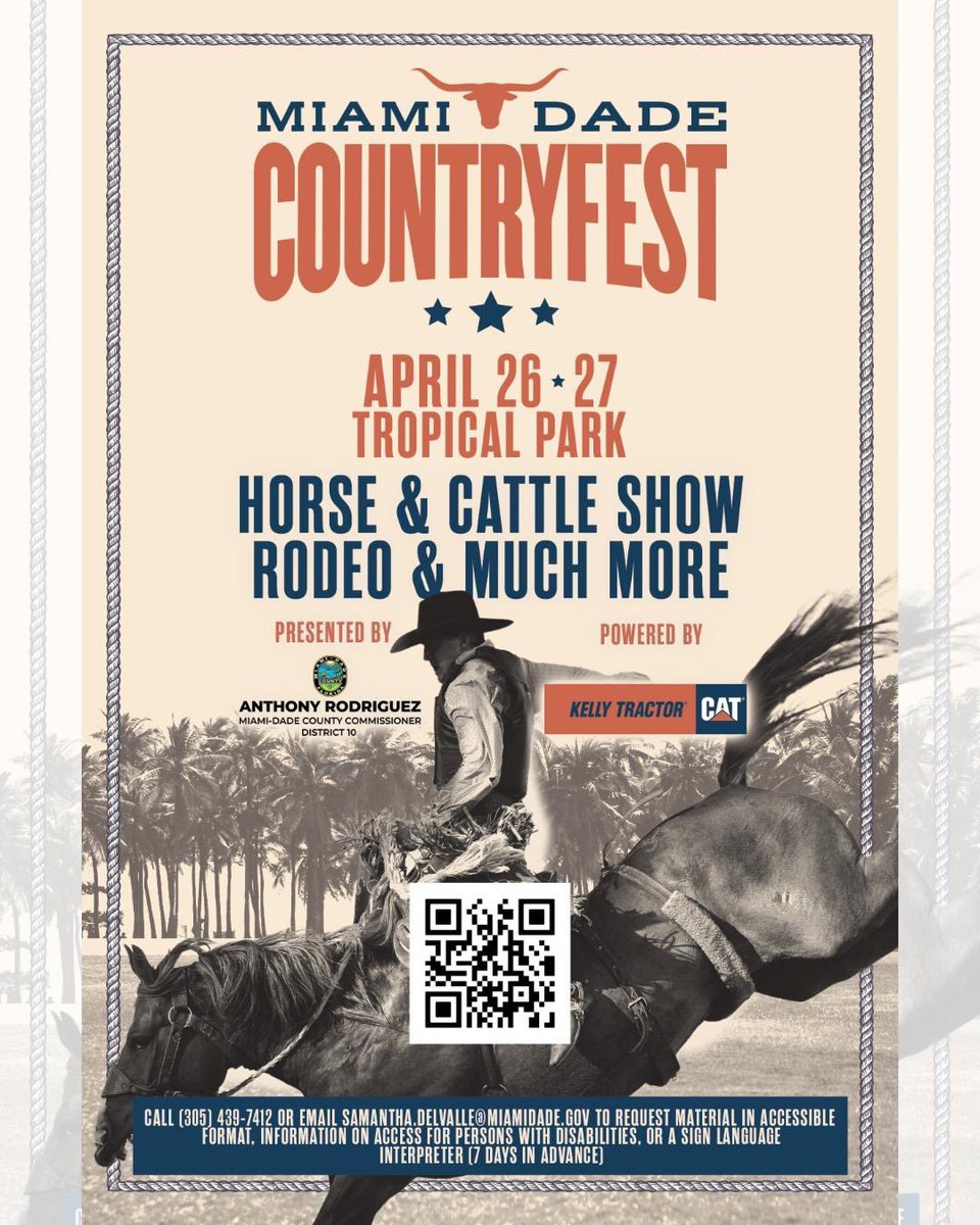 MiamiDadeITD's tweet image. SAVE THE DATE - WE’RE BACK, Y’ALL!
Miami’s favorite rodeo, Miami-Dade Countryfest, is saddling up to return to Tropical Park, April 26-27.
RSVP for free entry & join us for nonstop fun & entertainment for the whole family to enjoy #MDCF25.
mdcountryfest.com
