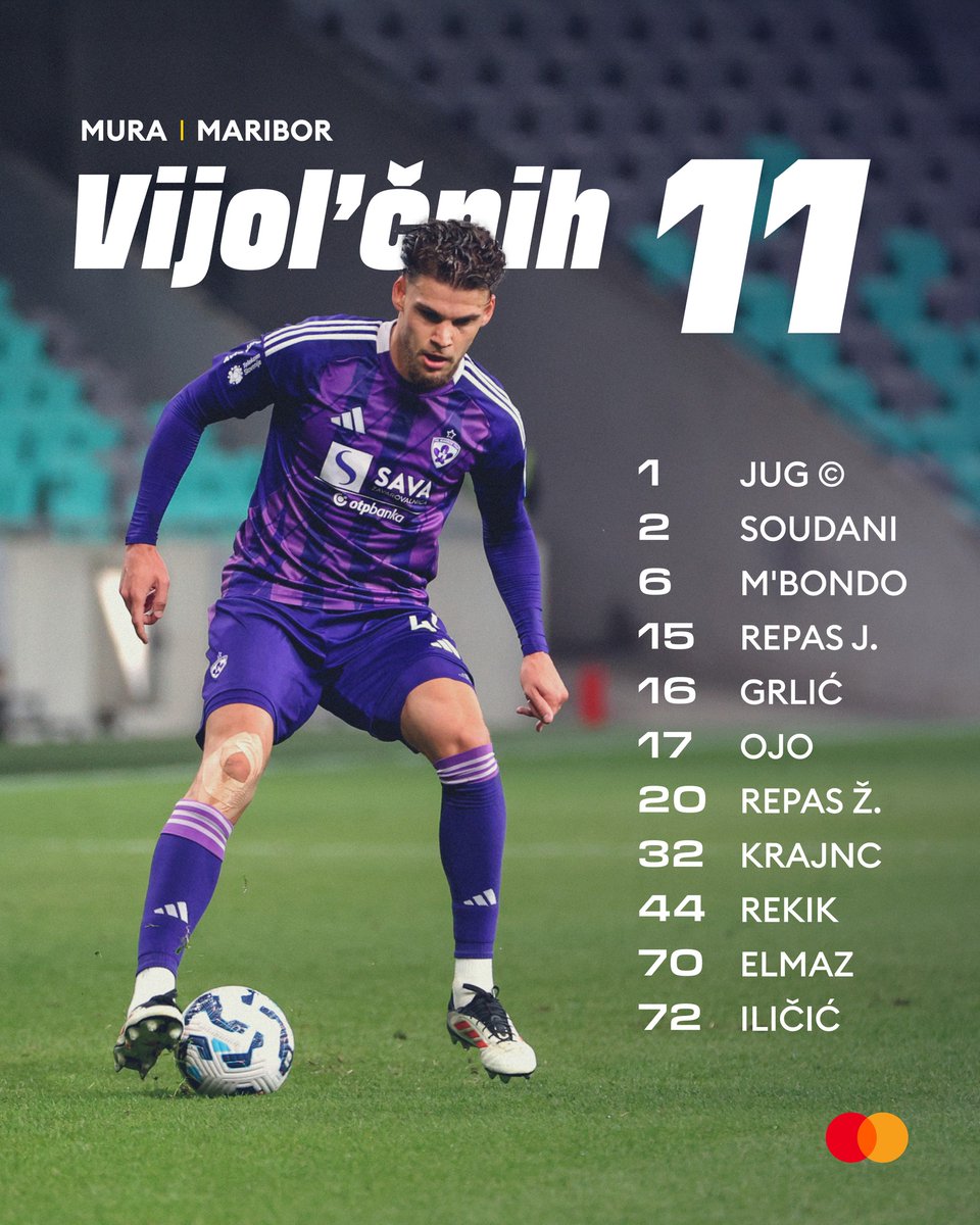 Vijol’čnih 11: 

<a href="/nsmura_ms/">NŠ Mura</a> - <a href="/nkmaribor/">NK Maribor</a>, ob 17.30

Klop: Bergsen, Golič, Rasheed, Lorbek, Sousa, Vrhovec, Viher, Videnović, Reghba, Meriluoto, Tetteh.

Vračata se Rekik in M’Bondo v začetno enajsterico, a tudi Tetteh, ki bo po okrevanju na klopi. 

#MiSkupajEnoSmo #MURMB