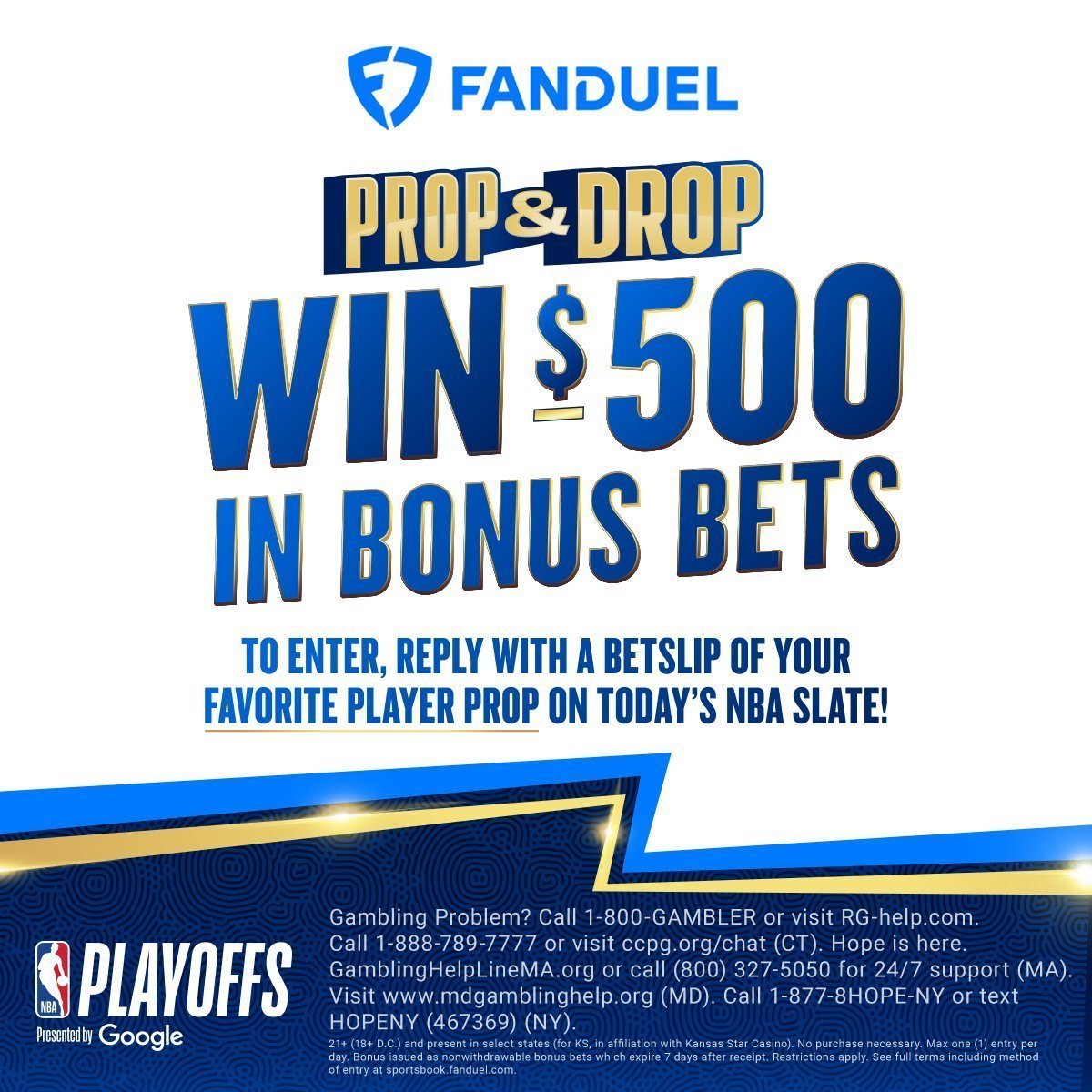 FanDuel Sportsbook (@fdsportsbook) on Twitter photo IT'S DAY 6 OF PROP & DROP 🫡
The #NBAPlayoffs are here & another 20 customers will receive $500 in Bonus Bets 💰
To enter:
1️⃣ REPOST
2️⃣ Follow <a href="/FDSportsbook/">FanDuel Sportsbook</a>
3️⃣ REPLY with a betslip of your favorite player prop on today's NBA slate
Rules: linktr.ee/FanDuel IT'S DAY 6 OF PROP & DROP 🫡
The #NBAPlayoffs are here & another 20 customers will receive $500 in Bonus Bets 💰
To enter:
1️⃣ REPOST
2️⃣ Follow <a href="/FDSportsbook/">FanDuel Sportsbook</a>
3️⃣ REPLY with a betslip of your favorite player prop on today's NBA slate
Rules: linktr.ee/FanDuel