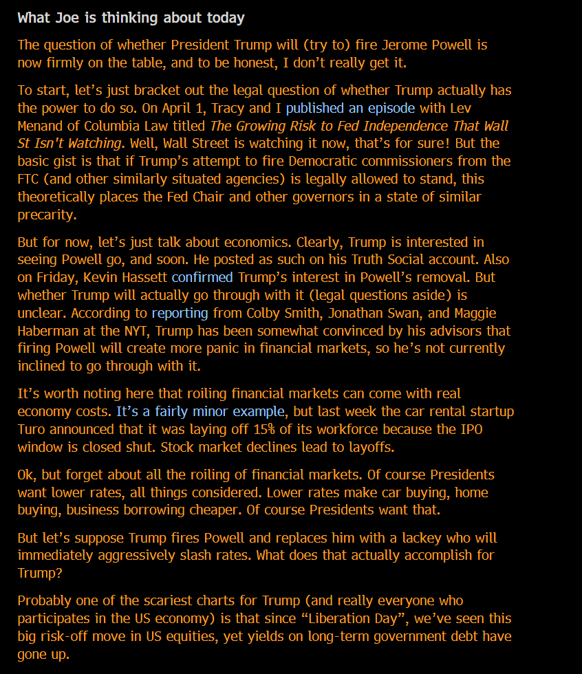 TheStalwart's tweet photo. WHAT DOES TRUMP EVEN GET FROM FIRING POWELL?

In today's Odd Lots newsletter, I wrote a long piece US Treasuries, Fed promises, what *really* backs the US dollar, and how I just don't see what (even in the short-term) Trump gets from firing, or trying to fire Powell right now. https://t.co/5jLh9uQetN