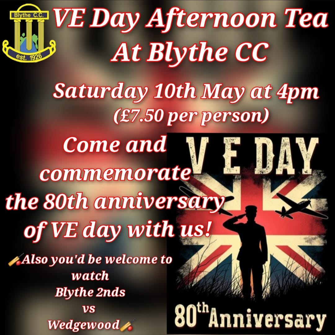 Blythe Cricket Club (@blythecricket) on Twitter photo Come join us at Blythe CC and celebrate the 80th Anniversary of VE day!
To book an afternoon tea
Email blythecricketclub@gmail.com
Or Text/phone 07872878173 Come join us at Blythe CC and celebrate the 80th Anniversary of VE day!
To book an afternoon tea
Email blythecricketclub@gmail.com
Or Text/phone 07872878173