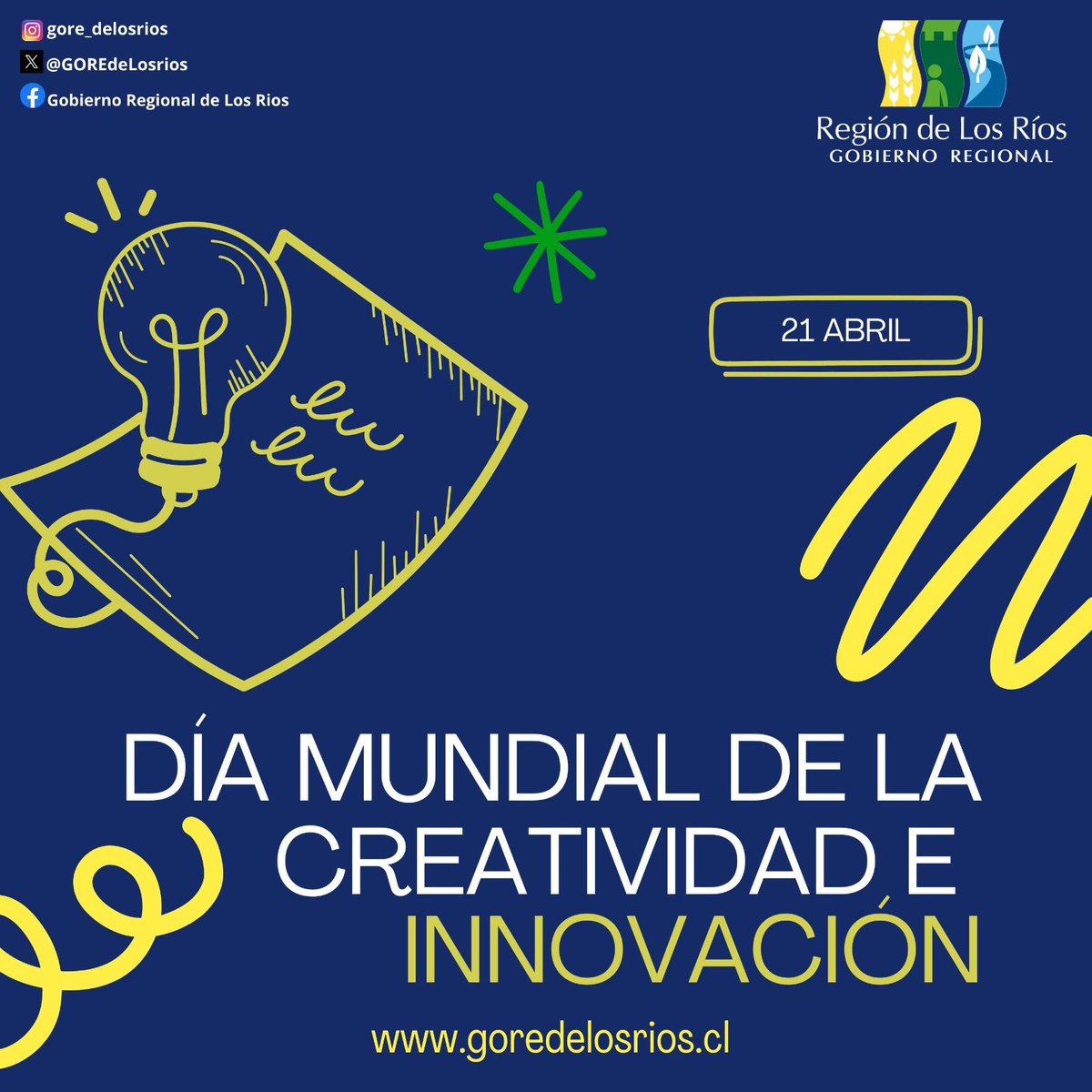 #DíaMundialDeLaCreatividadEInnovación
🔹 Desde el Gobierno Regional de Los Ríos celebramos el talento e ideas que mueven nuestra región.
Impulsamos la creatividad y apoyamos proyectos innovadores con identidad local.
¡Sigamos construyendo el futuro juntos! 🌱🚀
#Valdiviacl
