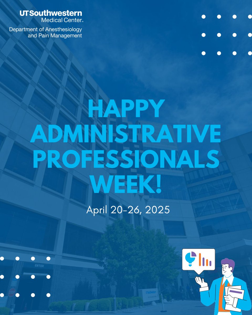 UTSW Anesthesiology (@utsw_anesthesia) on Twitter photo Happy Administrative Professionals Week!๐
Shout out to all of our incredible staff who help keep everything on track each and every day. Your hard work, dedication, and behind-the-scenes support make a big impact, and weโre so thankful for all that you do.
We appreciate you!๐ Happy Administrative Professionals Week!๐
Shout out to all of our incredible staff who help keep everything on track each and every day. Your hard work, dedication, and behind-the-scenes support make a big impact, and weโre so thankful for all that you do.
We appreciate you!๐