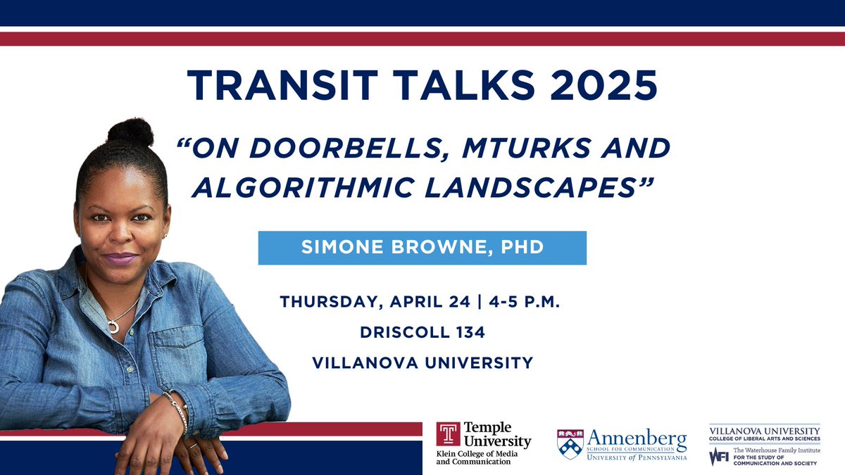 Klein College (@tukleincollege) on Twitter photo Klein College is proud to partner with <a href="/VillanovaU/">Villanova University</a> and <a href="/AnnenbergPenn/">Annenberg School</a> for the 2025 Transit Talksāfeaturing acclaimed scholar and author Dr. Simone Browne.
Thursday, April 24 | 4ā5 p.m.
Villanova University, Driscoll Hall Room 134
Free and open to the public. Klein College is proud to partner with <a href="/VillanovaU/">Villanova University</a> and <a href="/AnnenbergPenn/">Annenberg School</a> for the 2025 Transit Talksāfeaturing acclaimed scholar and author Dr. Simone Browne.
Thursday, April 24 | 4ā5 p.m.
Villanova University, Driscoll Hall Room 134
Free and open to the public.