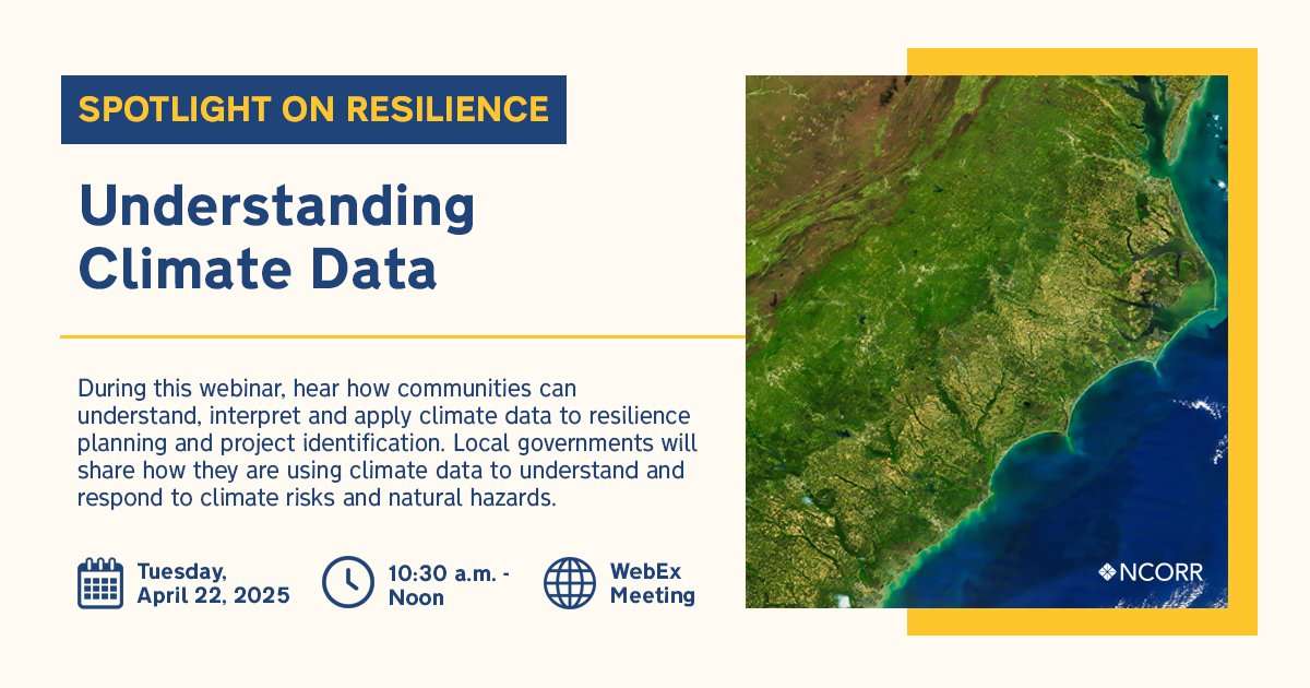 NCORR (@ncorr_gov) on Twitter photo 📈 Unlock the power of data! 🗺️ Join us TOMORROW for a webinar to learn how communities can understand and apply climate data to resilience planning. Don’t miss out on the chance to hear from <a href="/NCSCO/">NC Climate Office</a>, <a href="/LandofSkyRC/">Land of Sky</a> and <a href="/RaleighGov/">City of Raleigh</a>!
Register: rebuild.nc.gov/news/events/sp… #NCORR 📈 Unlock the power of data! 🗺️ Join us TOMORROW for a webinar to learn how communities can understand and apply climate data to resilience planning. Don’t miss out on the chance to hear from <a href="/NCSCO/">NC Climate Office</a>, <a href="/LandofSkyRC/">Land of Sky</a> and <a href="/RaleighGov/">City of Raleigh</a>!
Register: rebuild.nc.gov/news/events/sp… #NCORR