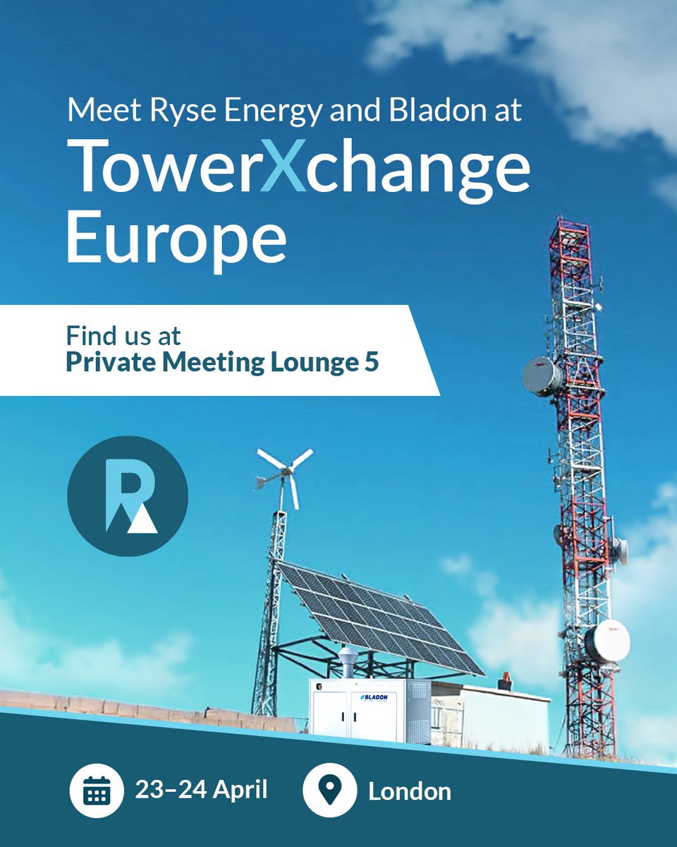 Heading to <a href="/TowerXchange/">TowerXchange</a> Meetup Europe this week? Ryse Energy, alongside <a href="/BladonMTG/">Bladon Micro Turbine</a>, will be in PML5. Book a time with our team on the event app to learn how our hybrid renewable energy systems are powering telecom infrastructure more efficiently and sustainably.