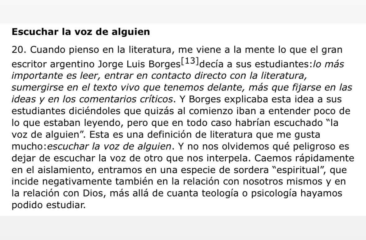 «La literatura tiene que ver, de un modo u otro, con lo que cada uno de nosotros busca en la vida, ya que entra en íntima relación con nuestra existencia concreta, con sus tensiones esenciales»

El papa Francisco sobre el papel de la literatura: 

press.vatican.va/content/salast…