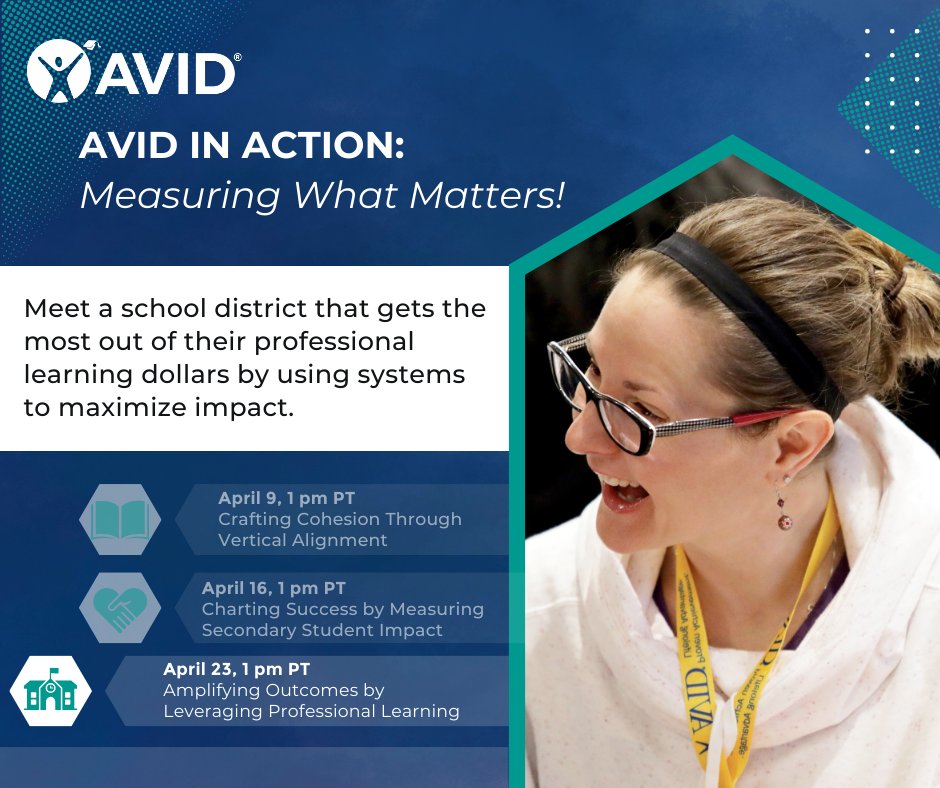 AVID4College's tweet image. ICYMI: Don&apos;t miss your chance amplify your impact! Join us on April 23 for our final #AVIDWebinar in the April series. Learn how to make the most of your #ProfessionalLearning dollars! bit.ly/4iZcPHb

#AVIDWebinarSeries #EducatorImpact