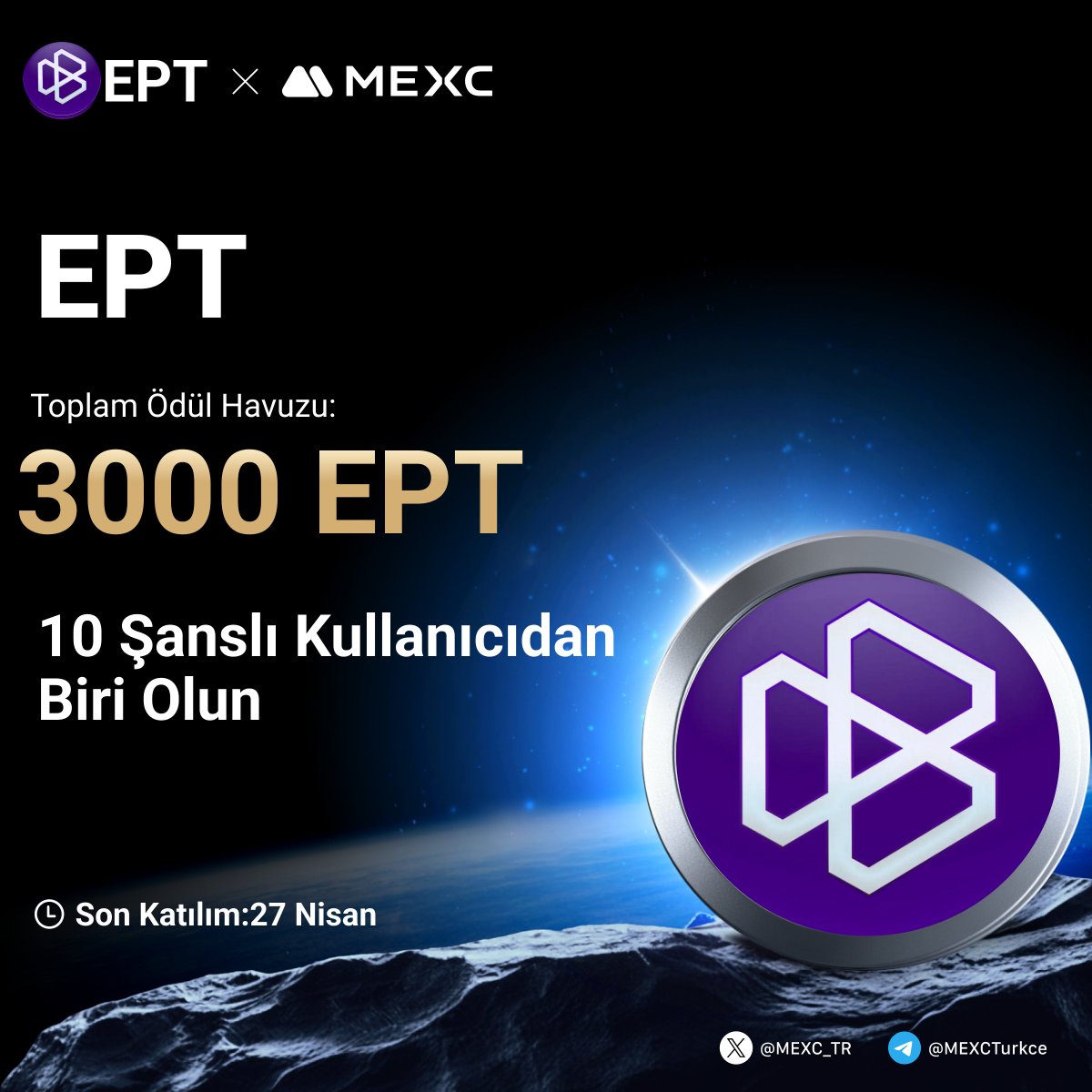 🎉  $EPT'nin #MEXC'de Listelenmesini Kutluyoruz!

🤩 1.200.000 $EPT 50.000 $USDT Ödül Havuzuna Ek Olarak Tam 3000 $EPT den Payınızı Kazanmak İçin Yapmanız Gerekenler;

🔹Takip Edin:<a href="/MEXC_TR/">EDIS</a>
🔹Formu Doldurun;mexctr.info/3EwcxZk
🔹Bu gönderiyi beğenin ve RT yapın 

⏰Son