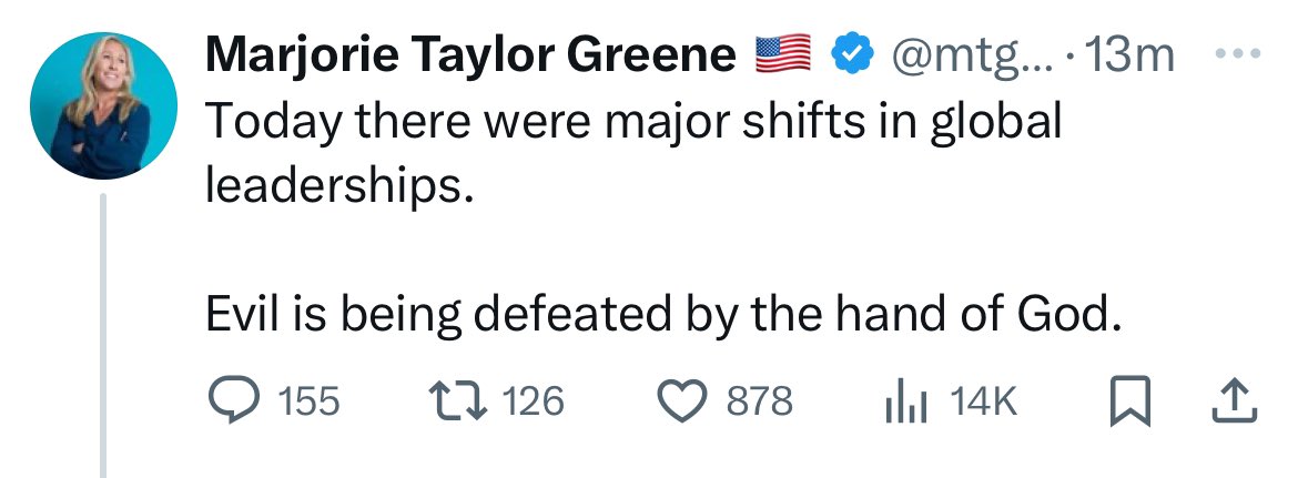 ArtCandee's tweet image. Marjorie Taylor Greene seemingly celebrating the death of Pope Francis is a new low even for her.
This woman is vile.