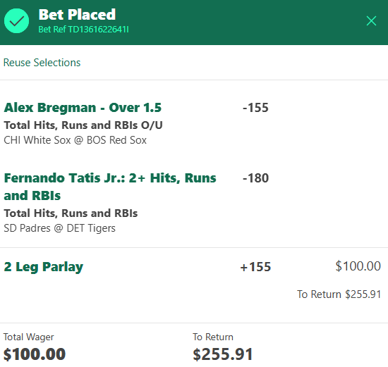 AGGTKEY's tweet photo. ⚾️April 21 - Play #1⚾️  1u (+155) 2-MAN HRR:
- Alex Bregman o1.5HRR (0.5BA) H2H + good vs pitch mix
- Fernando Tatis Jr o1.5HRR (0.33ISO|0.33BA) H2H + elite vs pitch mix 
#AlexBregman #FernandoTatisJr #GamblingX #gamblingtwitter #mlbprops #mlb #DraftKings #prizepicks #whynotme https://t.co/0aJl2foaJB