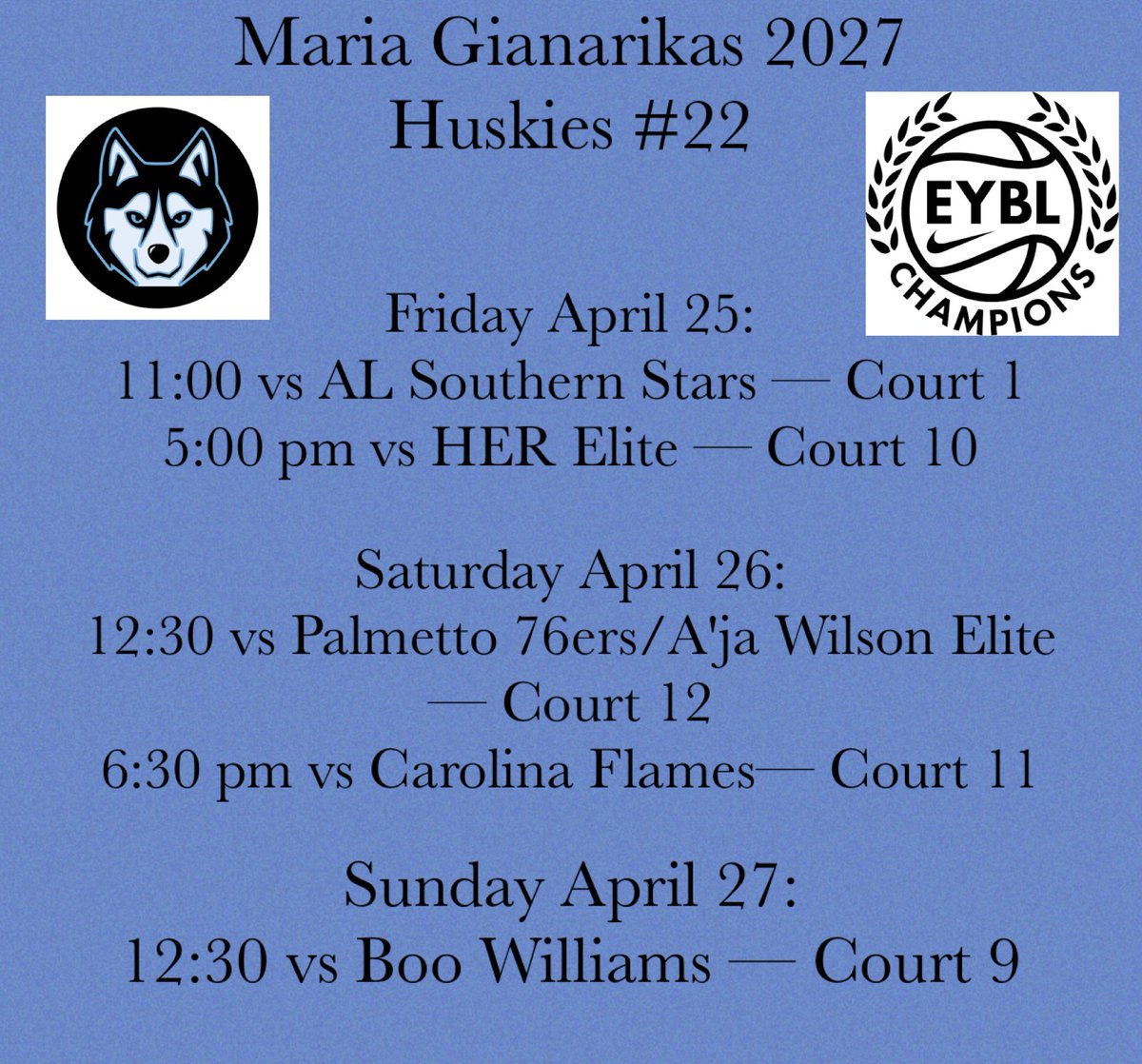 Maria (@mariaog05) on Twitter photo Here is my schedule for Session 1 of the Nike EYBL tournament! Can’t wait to get started <a href="/MAHuskies_eycl/">Mass Huskies EYCL</a> <a href="/MAHuskies/">MA_Huskies</a> <a href="/nikegirlseycl/">Nike Girls EYBL Champions League</a> Here is my schedule for Session 1 of the Nike EYBL tournament! Can’t wait to get started <a href="/MAHuskies_eycl/">Mass Huskies EYCL</a> <a href="/MAHuskies/">MA_Huskies</a> <a href="/nikegirlseycl/">Nike Girls EYBL Champions League</a>