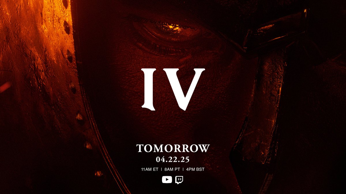 Smoldering orange and red embers reflect in the eye of an armored Hero. White numerals in the center of the image read out 4. Below the text on the image reads Tomorrow, 04.22.25. 11am ET, 8am PT, 4pm BST on Bethesda's YouTube and Twitch channels.