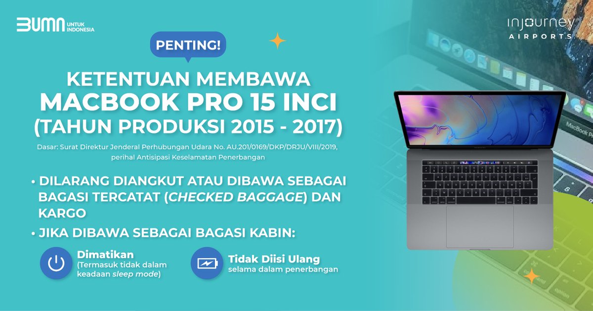 #SobatAPI sebelum terbang, pastikan Anda mengikuti ketentuan membawa Komputer Jinjing (Laptop) berikut ini ya! Ikuti aturan, tetap produktif di udara.

Informasi lebih lanjut hubungi:
Call : 138 / 172
Whatsapp : +62 811 984 138
Email : contact@injourneyairports.id