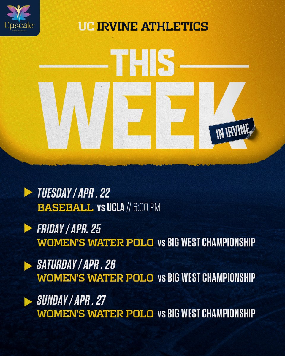 UCIAthletics's tweet photo. Baseball kicks off the week taking on the Bruins, and Women's Water Polo wraps up it with the Big West Championships, hosted at the Anteater Aquatics Complex!
ποΈ | https://t.co/EHCyfKd4YC
#TogetherWeZot | #ThisWeekInIrvine https://t.co/3D13kHvbjH