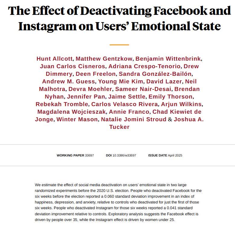 NBER (@nberpubs) on Twitter photo The effect of social media deactivation on users' emotional state before the 2020 US election, from @huntallcott, <a href="/sameer_nd/">Sameer Nair-Desai</a>, Matthew Gentzkow, Benjamin Wittenbrink, Juan Carlos Cisneros, Adriana Crespo-Tenorio, Drew Dimmery, et al. nber.org/papers/w33697 The effect of social media deactivation on users' emotional state before the 2020 US election, from @huntallcott, <a href="/sameer_nd/">Sameer Nair-Desai</a>, Matthew Gentzkow, Benjamin Wittenbrink, Juan Carlos Cisneros, Adriana Crespo-Tenorio, Drew Dimmery, et al. nber.org/papers/w33697
