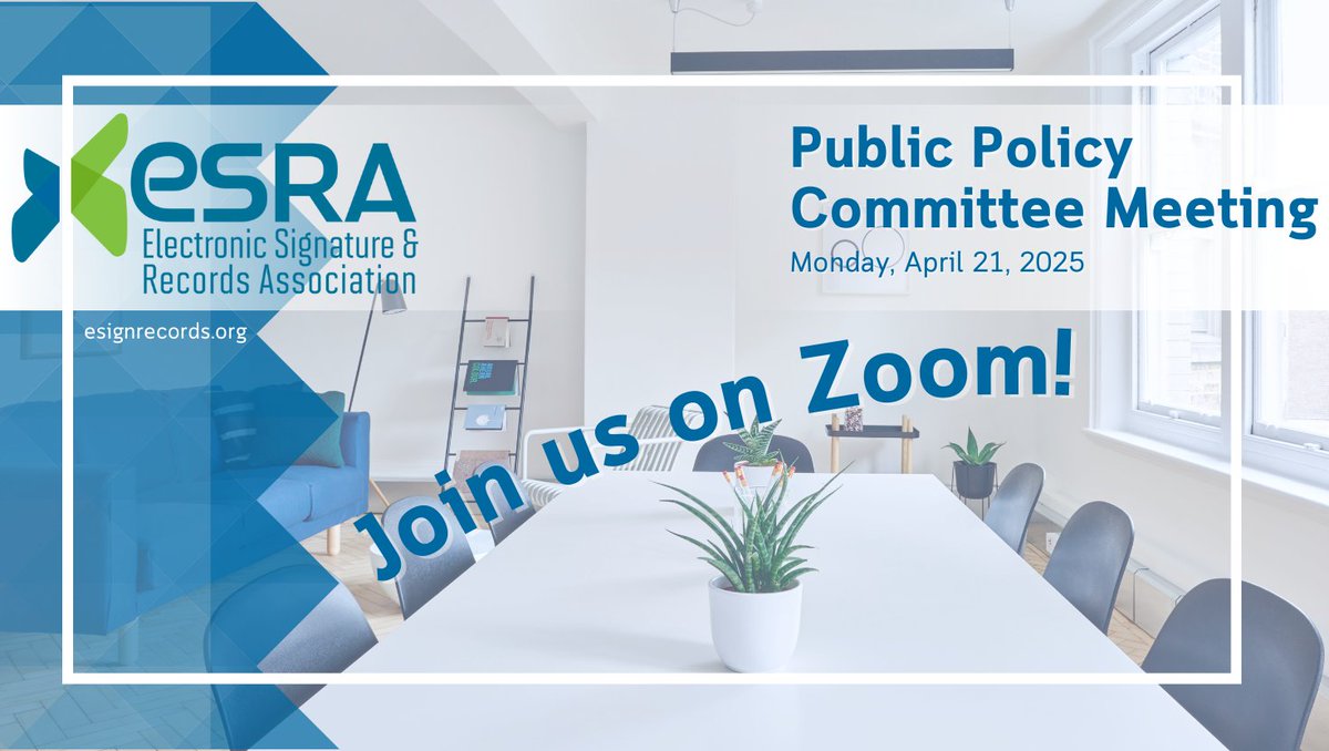 esignrecords's tweet image. Our Public Policy Committee Meeting is this afternoon! Are you joining us over Zoom today? #ESRA #ElectronicSignatures #DigitalRecords #Networking