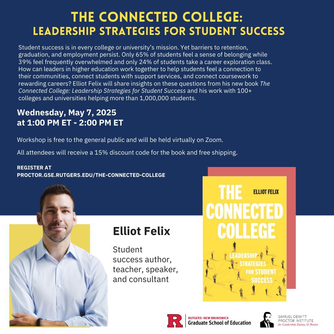 The Samuel DeWitt Proctor Institute (@sdpinstitute) on Twitter photo Join us on May 7 at 1 PM ET for the book talk: The Connected College: Leadership Strategies for Student Success.
Register now! 🔗bit.ly/3PXY1vK
#bookevent #booktalk #webinar <a href="/aacu/">AAC&U</a> <a href="/JHUPress/">Hopkins Press</a> <a href="/aupresses/">AUPresses 📚</a> <a href="/PrincetonUPress/">Princeton University Press</a> <a href="/TCPress/">Teachers College Press</a> Join us on May 7 at 1 PM ET for the book talk: The Connected College: Leadership Strategies for Student Success.
Register now! 🔗bit.ly/3PXY1vK
#bookevent #booktalk #webinar <a href="/aacu/">AAC&U</a> <a href="/JHUPress/">Hopkins Press</a> <a href="/aupresses/">AUPresses 📚</a> <a href="/PrincetonUPress/">Princeton University Press</a> <a href="/TCPress/">Teachers College Press</a>