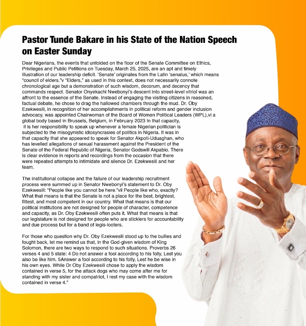 Oby Ezekwesili (@obyezeks) on Twitter photo Here’s a gratitude note to you, Pastor <a href="/T_Bakare/">Dr. Tunde Bakare</a> for being a candid Voice of Reason in your State of the Nation Speech on Easter Sunday that called out the horrific state of governance by the combined team of <a href="/officialABAT/">Bola Ahmed Tinubu</a> <a href="/NGRPresident/">Presidency Nigeria</a> <a href="/NigeriaGov/">Government of Nigeria</a> and <a href="/NGRSenate/">The Nigerian Senate</a> Here’s a gratitude note to you, Pastor <a href="/T_Bakare/">Dr. Tunde Bakare</a> for being a candid Voice of Reason in your State of the Nation Speech on Easter Sunday that called out the horrific state of governance by the combined team of <a href="/officialABAT/">Bola Ahmed Tinubu</a> <a href="/NGRPresident/">Presidency Nigeria</a> <a href="/NigeriaGov/">Government of Nigeria</a> and <a href="/NGRSenate/">The Nigerian Senate</a>