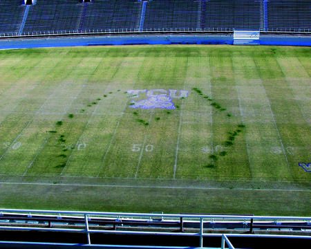 The Greatest Prank in College Football 

The SMU Mustang Band, while in their traditional Diamond M formation at the end of the 1999 halftime show at TCU, left rye grass seeds on the field. In the winter, when the field went dormant, the rye grass formed the "Diamond M" logo