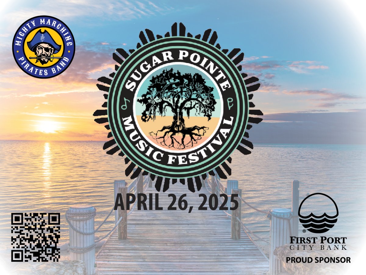 portcitybank's tweet image. The 5th Annual Sugar Pointe Music Festival is Returning and First Port City Bank is PROUD to be a SPONSOR! Mark your calendars for Saturday, April 26, 2025 to help support the FBHS Mighty Marching Pirates.

#SugarPointeMusicFestival #FPCB #BankLocal