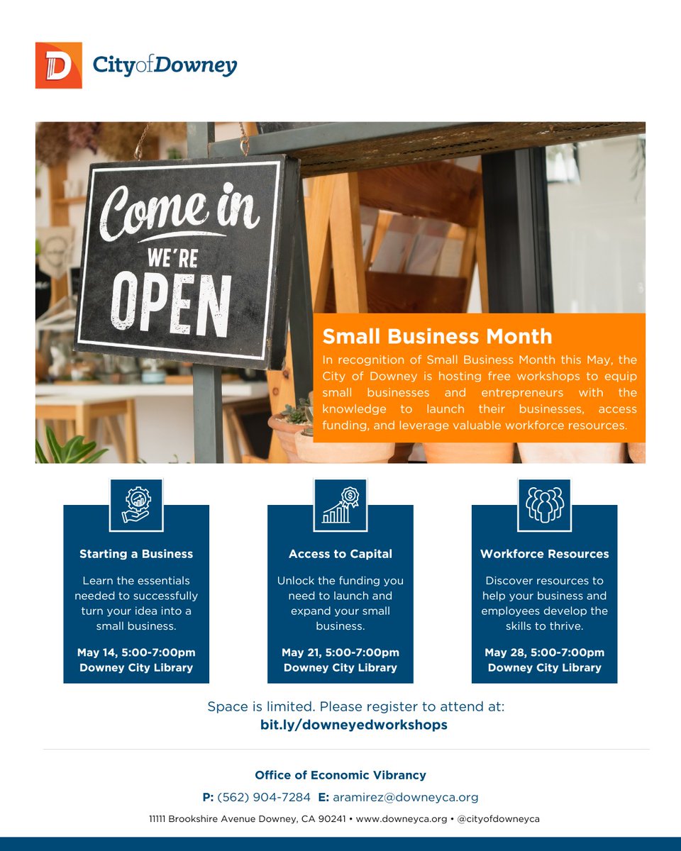 In celebration of Small Business Month, the City of Downey is hosting free workshops to help you launch, fund, and grow your business!

Space is limited. Register now at bit.ly/downeyedworksh…

#CityofDowney #DowneyCA #SmallBusinessMonth