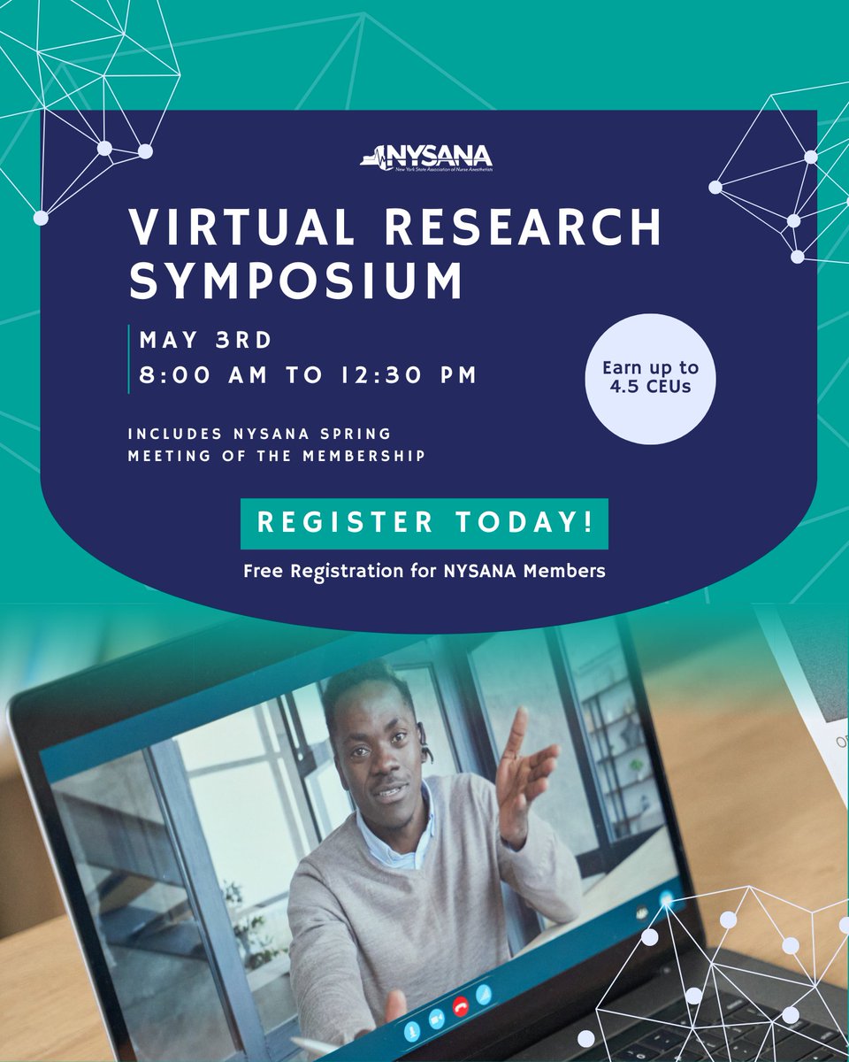 Have you registered yet for our 2nd Annual Virtual Research Symposium on Sat, 5/3 from 8-12:30pm? 🌟 This meeting is free for NYSANA Members! Earn up to 4.5 CEUs all from the comfort of your own home or office.

Register here: loom.ly/3-zYv0M