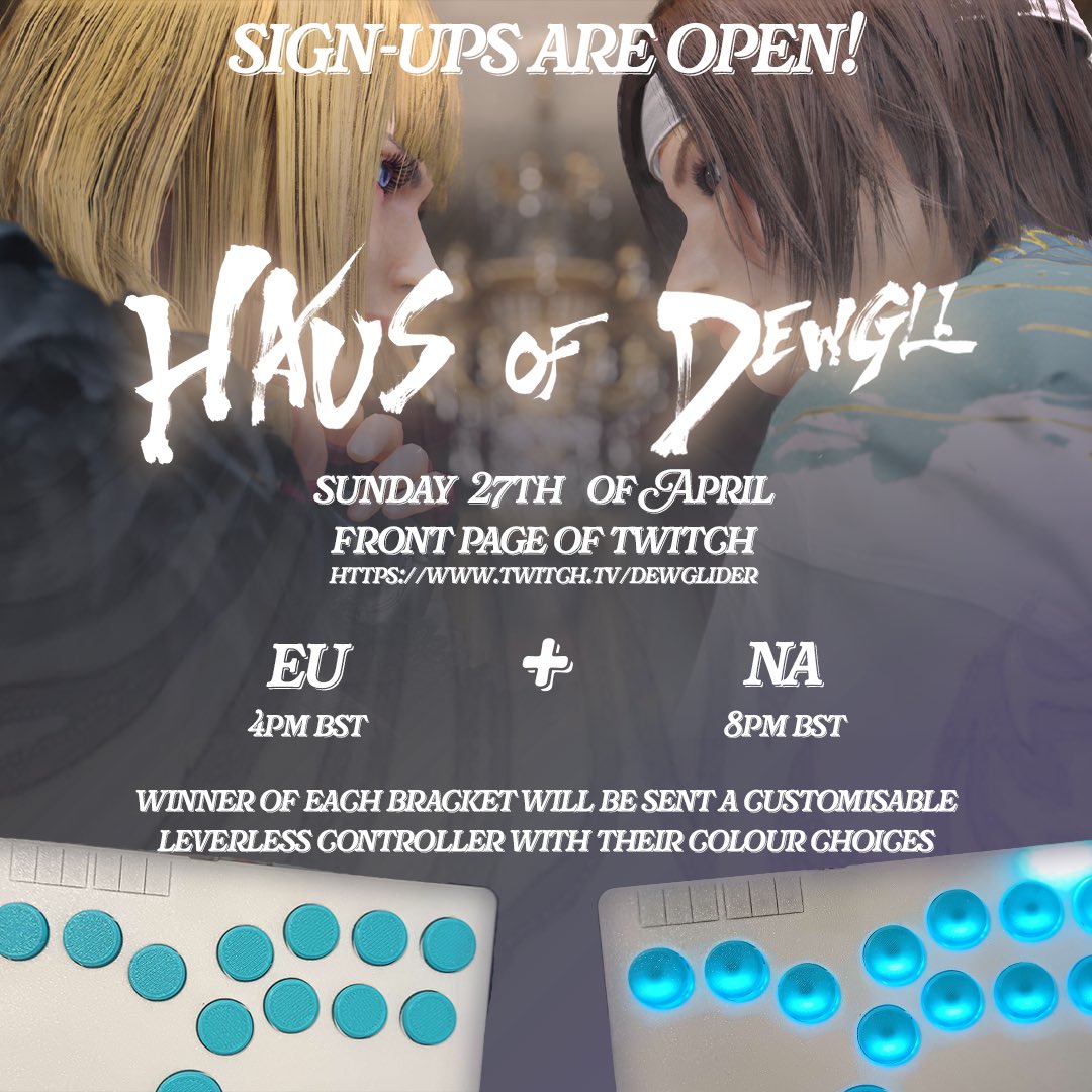 END | DewGlider (@gliderdew) on Twitter photo HAUS OF DEWGLI TOURNEY‼️
On the 27th of April, the stream will be featured on the Front Page of Twitch so I will be running 2 brackets on my channel to showcase the competitive side of Tekken! 
If you’d like to share your gameplay or play for fun, make sure to join below!❣️ HAUS OF DEWGLI TOURNEY‼️
On the 27th of April, the stream will be featured on the Front Page of Twitch so I will be running 2 brackets on my channel to showcase the competitive side of Tekken! 
If you’d like to share your gameplay or play for fun, make sure to join below!❣️