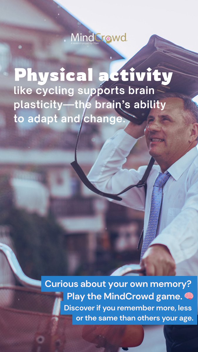 TGenMINDCROWD's tweet image. 🚲Physical activity like cycling supports brain plasticity—the brain’s ability to adapt and change.

☑️Curious about your own memory? Play the MindCrowd.org memory game. 🧠

#BrainPlasticity #MindCrowd #MoveYourMind #XHealth