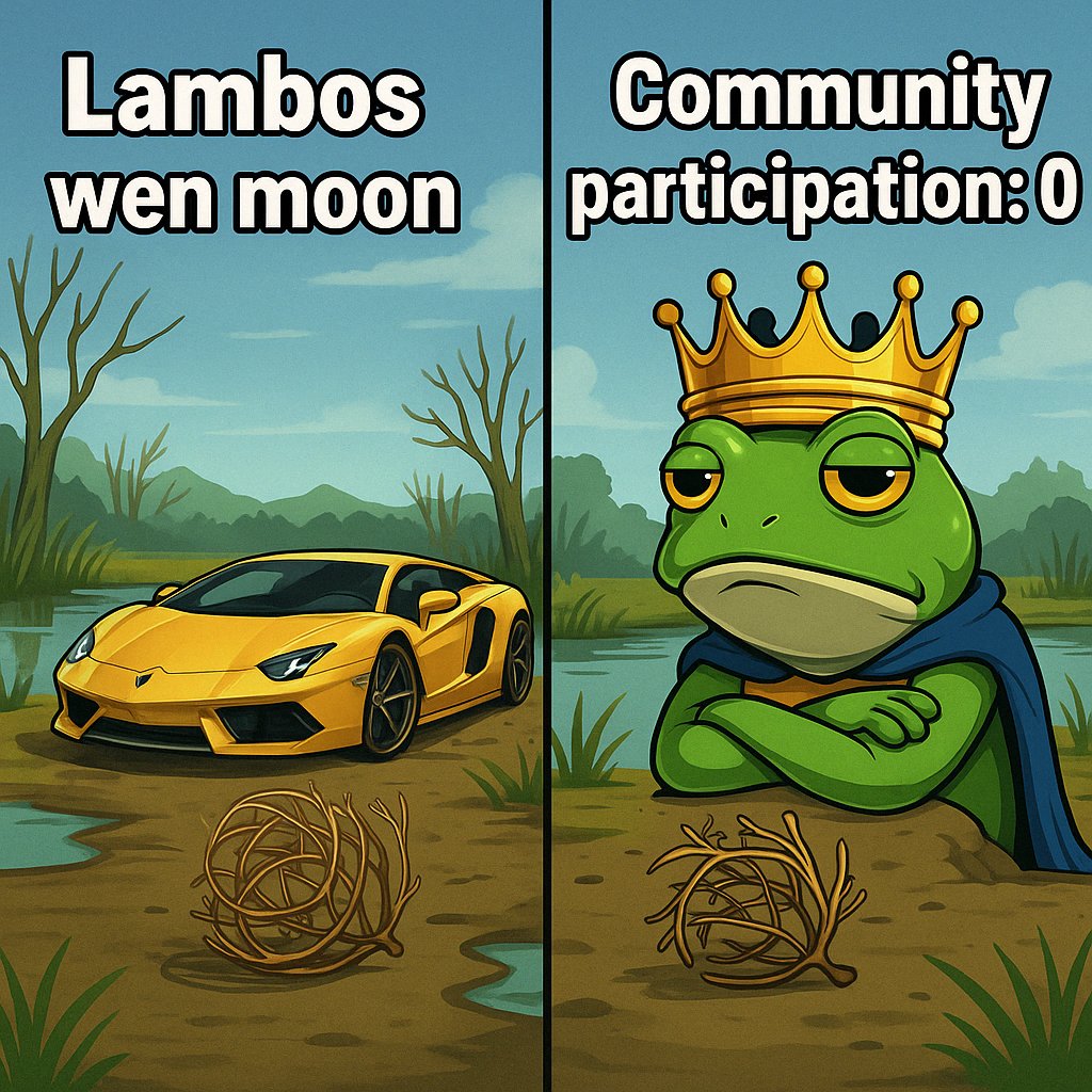 RibbFrog's tweet photo. When Lambos wen moon 🚀  
But comm participation = 0 🥲  
Time to wake up the swamp! 🐸👑  
#RIBBFROG #Stonks #Memecoin https://t.co/ktSwTy6qQI