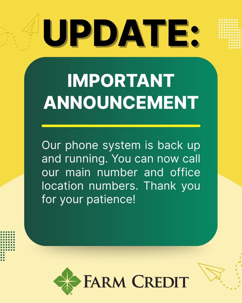 ColFarmCredit's tweet image. Phone lines are back up! Thank you for your understanding.